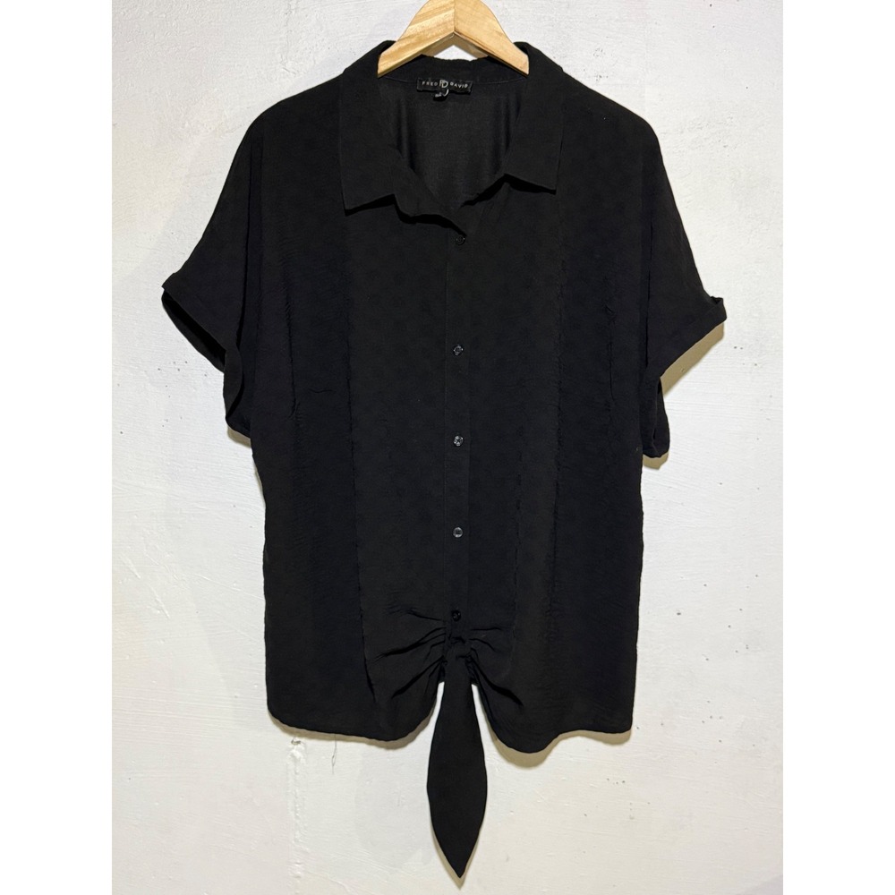 Free David Womens 3X Black Front Tie Short Sleeve Textured Jacquard Blouse Top